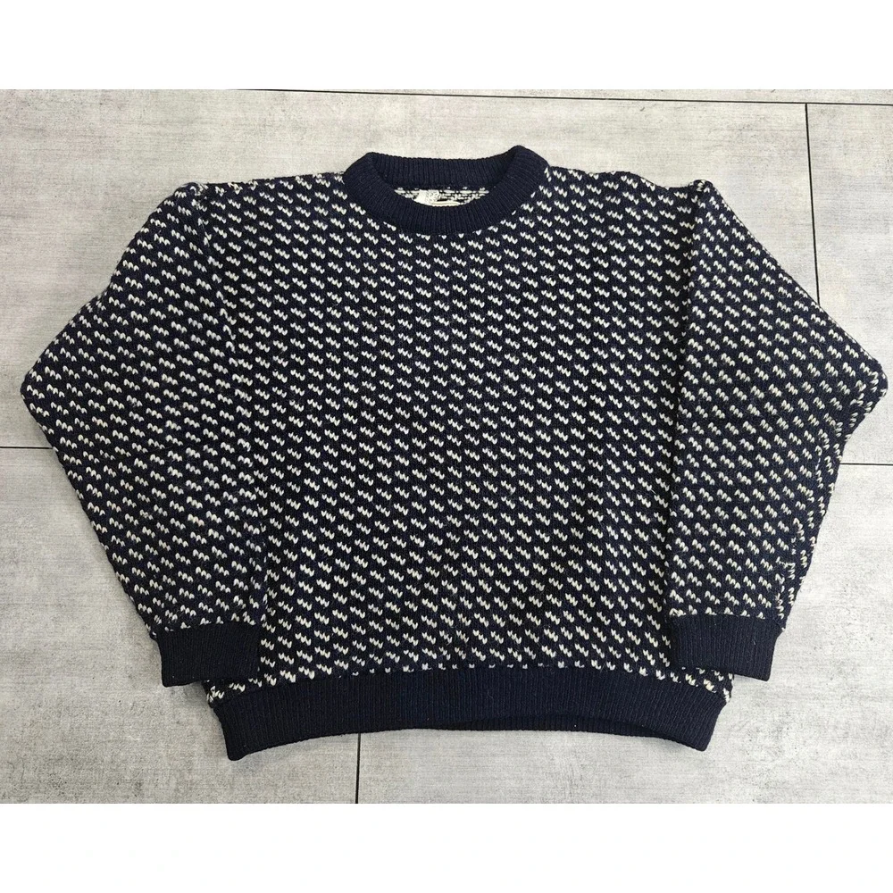 Vintage LL Bean Birdseye Sweater Navy Blue Wool Blend Norway Crewneck Med-Large - Picture 1 of 8